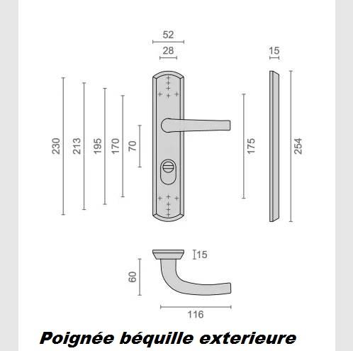 Dimensions ensemble double poignee bequille de securite blinde et renforcee pour porte bois et acier 1