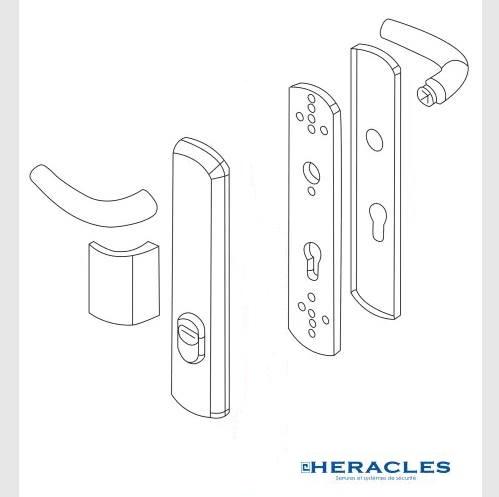 Dimensions et schema de l ensemble double poignee heracles salomede securite blindee et renforcee pour porte bois et acier
