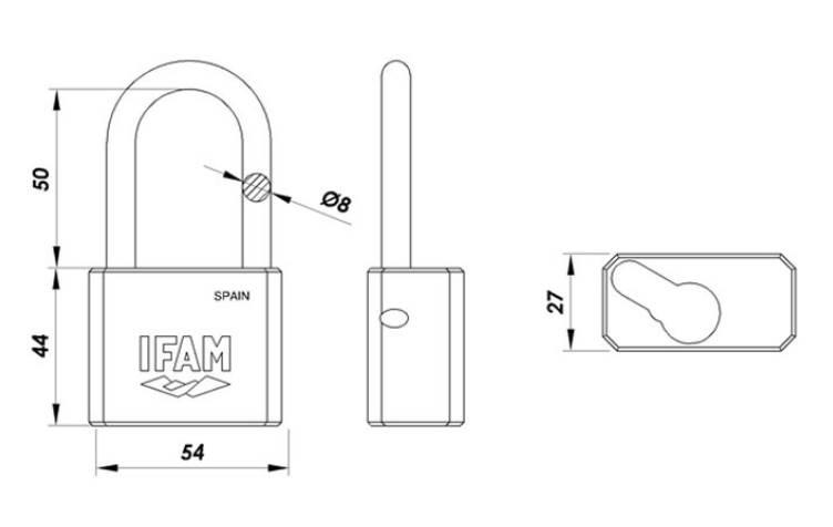 Dimensions et schema du cadenas ifam 1030 pour demi cylindre avec anse en acier inoxydable de 8 mm